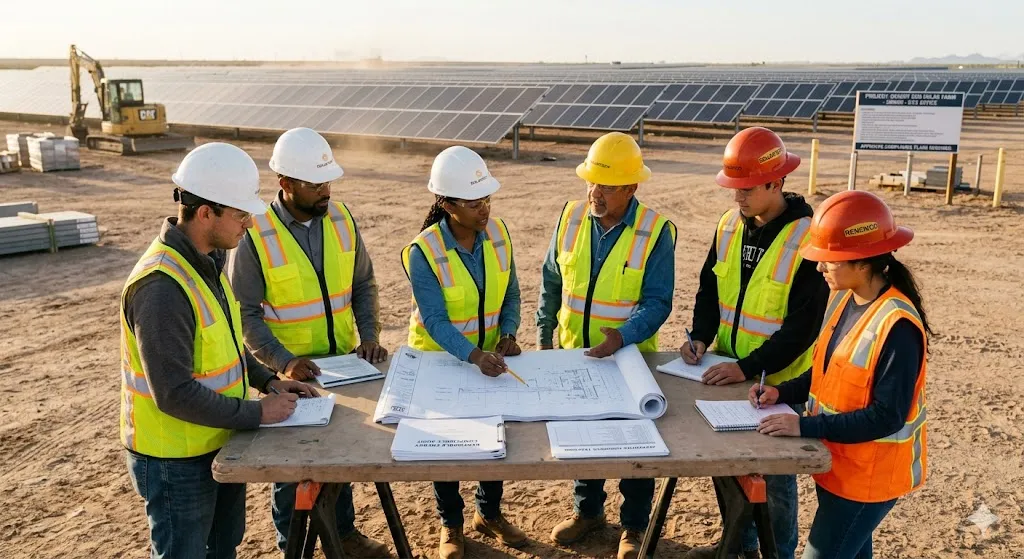A diverse group of construction supervisors, engineers, and apprentices wearing hard hats and safety vests gather around a wooden table at an outdoor solar farm construction site. They are actively reviewing blueprints, logs, and compliance paperwork under the daylight. In the background, expansive rows of solar panels stretch across the landscape next to an excavator, highlighting a renewable energy project in progress.