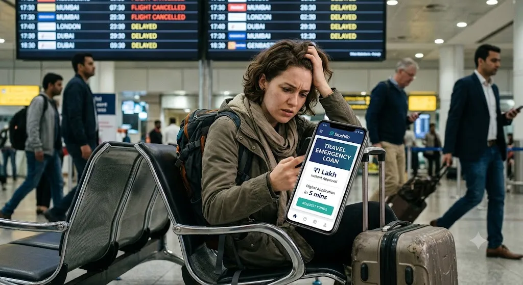 A stressed female traveler sits on an airport terminal bench, clutching her head while looking at a smartphone displaying a Stashfin travel emergency loan interface with "₹1 Lakh Instant Approval." In the blurred background, an airport flight status board displays multiple cancelled and delayed flights.