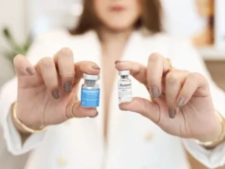 A practitioner holding two small medication vials, Xeomin and Dysport, illustrating the choice between SubQ and IM injection routes for peptide therapy.