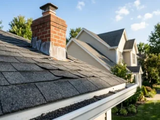 A close-up architectural photograph of asphalt roof shingles on a suburban house. The shingles appear weathered with visible curling and lifting at the edges. Displaced black protective granules from the shingles are seen accumulated inside a clean white metal gutter in the foreground. A brick chimney with aging metal flashing is visible on the upper roof, set against a background of green trees and adjacent homes under a blue sky.