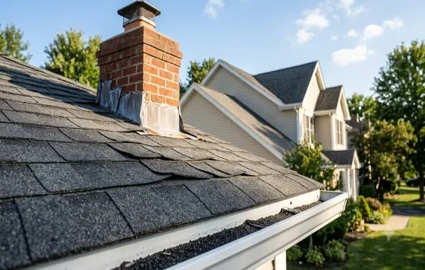 A close-up architectural photograph of asphalt roof shingles on a suburban house. The shingles appear weathered with visible curling and lifting at the edges. Displaced black protective granules from the shingles are seen accumulated inside a clean white metal gutter in the foreground. A brick chimney with aging metal flashing is visible on the upper roof, set against a background of green trees and adjacent homes under a blue sky.