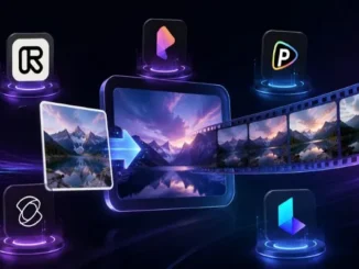 An abstract digital graphic representing AI image-to-video generation. A static image of a mountain reflection on a lake passes through a digital arrow and transforms into a moving film strip. Five stylized app icons with glowing neon neon borders float around the central screen on a dark background.