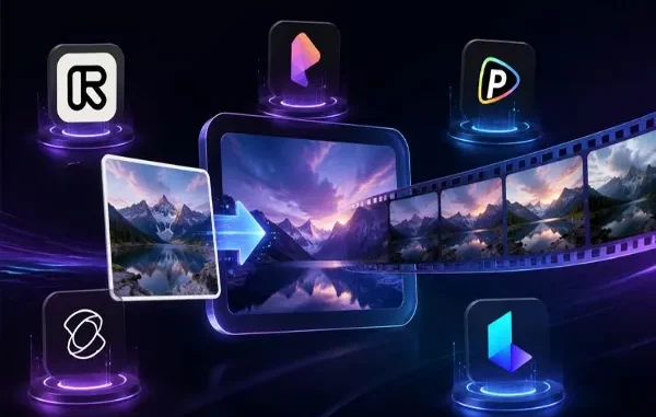 An abstract digital graphic representing AI image-to-video generation. A static image of a mountain reflection on a lake passes through a digital arrow and transforms into a moving film strip. Five stylized app icons with glowing neon neon borders float around the central screen on a dark background.