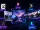 An abstract digital graphic representing AI image-to-video generation. A static image of a mountain reflection on a lake passes through a digital arrow and transforms into a moving film strip. Five stylized app icons with glowing neon neon borders float around the central screen on a dark background.