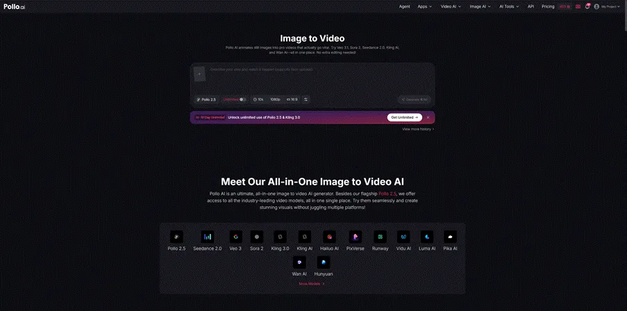 Pollo AI web interface showcasing an all-in-one image-to-video generator dashboard with supported models like Pollo 2.5, Seedance, Veo, Sora, Kling, Runway, and Pika.