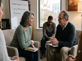 A diverse group of adults participating in a trauma-informed therapy session, sitting in a circle of armchairs in a bright, welcoming room. A middle-aged woman is speaking earnestly to an older male therapist holding a clipboard, while a whiteboard in the background lists "Understanding Trauma," "Coping Mechanisms," and "Recovery."