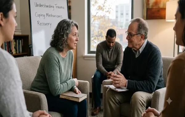 A diverse group of adults participating in a trauma-informed therapy session, sitting in a circle of armchairs in a bright, welcoming room. A middle-aged woman is speaking earnestly to an older male therapist holding a clipboard, while a whiteboard in the background lists "Understanding Trauma," "Coping Mechanisms," and "Recovery."