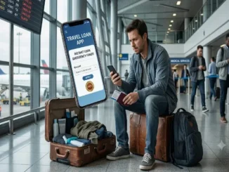 A photograph in a busy airport terminal shows a distressed male traveler sitting on his luggage next to an open suitcase. A large, floating smartphone screen displays an online application for a 'TRAVEL LOAN APP' with a section for 'INSTANT LOAN EMERGENCY FUNDS.' The background features aircraft on the tarmac and other passengers, emphasizing the context of an urgent travel situation.