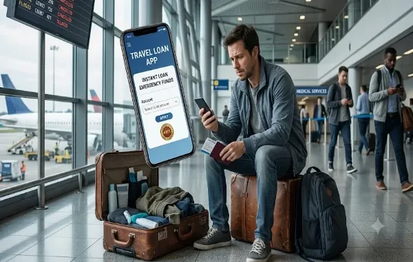 A photograph in a busy airport terminal shows a distressed male traveler sitting on his luggage next to an open suitcase. A large, floating smartphone screen displays an online application for a 'TRAVEL LOAN APP' with a section for 'INSTANT LOAN EMERGENCY FUNDS.' The background features aircraft on the tarmac and other passengers, emphasizing the context of an urgent travel situation.