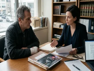 A female truck accident attorney in a navy blazer speaks with an injured male client wearing a hand bandage during a legal consultation in her office. On the wooden desk between them are legal folders, a document showing "FMCSA Regulations Violations," and a photograph of a semi-truck accident at night.