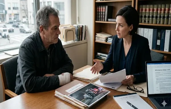 A female truck accident attorney in a navy blazer speaks with an injured male client wearing a hand bandage during a legal consultation in her office. On the wooden desk between them are legal folders, a document showing "FMCSA Regulations Violations," and a photograph of a semi-truck accident at night.