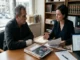 A female truck accident attorney in a navy blazer speaks with an injured male client wearing a hand bandage during a legal consultation in her office. On the wooden desk between them are legal folders, a document showing "FMCSA Regulations Violations," and a photograph of a semi-truck accident at night.