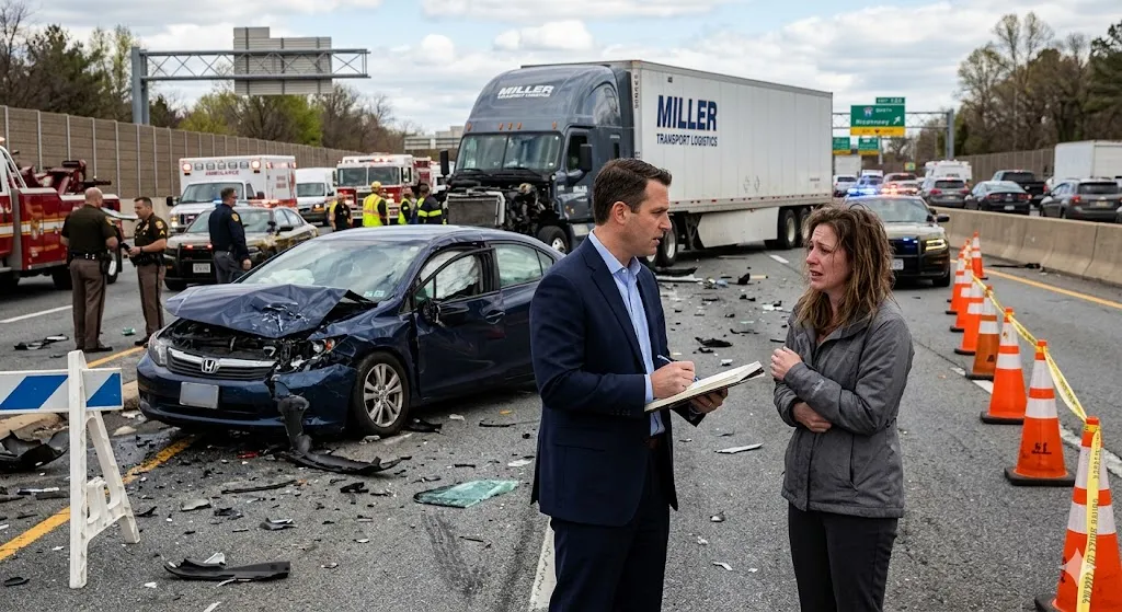 A truck accident attorney in a suit taking notes on a notepad while speaking to a distressed woman at a highway crash scene involving a severely damaged blue sedan and a large commercial semi-truck. Emergency vehicles, police officers, and orange traffic cones are visible in the background.
