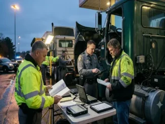 Two Department of Transportation (DOT) inspectors with a state trooper review logbooks, electronic tablets, and technical records at a roadside inspection table with a semi-truck at twilight.