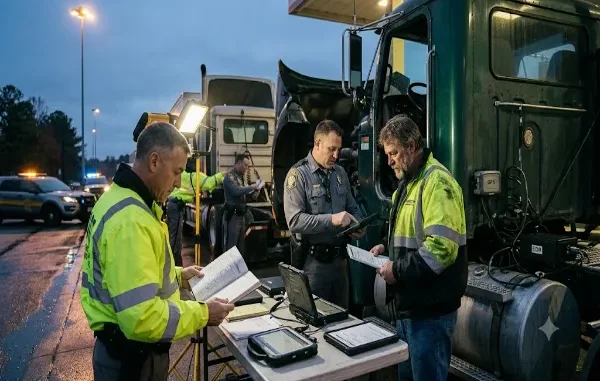 Two Department of Transportation (DOT) inspectors with a state trooper review logbooks, electronic tablets, and technical records at a roadside inspection table with a semi-truck at twilight.