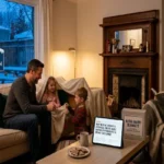 A cozy, well-heated living room in winter where a happy family relaxes together, featuring a smart thermostat set to 71 degrees and a sign outside for Pelican Heating & Air.
