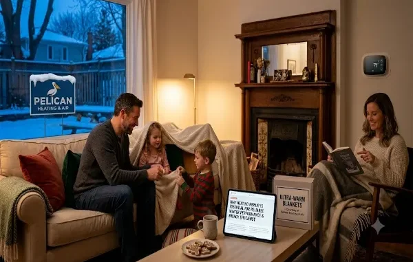 A cozy, well-heated living room in winter where a happy family relaxes together, featuring a smart thermostat set to 71 degrees and a sign outside for Pelican Heating & Air.