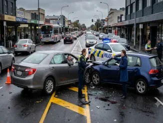 A police officer interviewing a frustrated driver at the scene of a two-car T-bone collision caused by a U-turn on a wet city street, with investigators reviewing the scene.