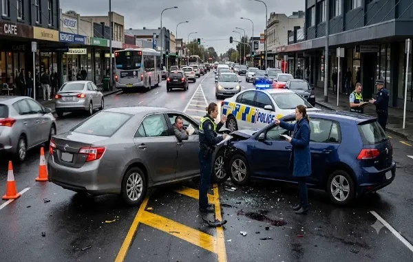 A police officer interviewing a frustrated driver at the scene of a two-car T-bone collision caused by a U-turn on a wet city street, with investigators reviewing the scene.