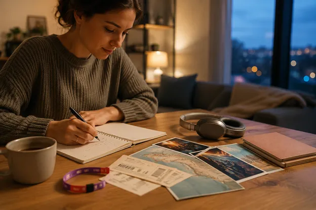 A woman sitting at a wooden table in a dimly lit room, writing in a notebook. On the table are a mug, headphones, concert tickets, a wristband, and travel photos, representing the process of planning a personal entertainment budget.