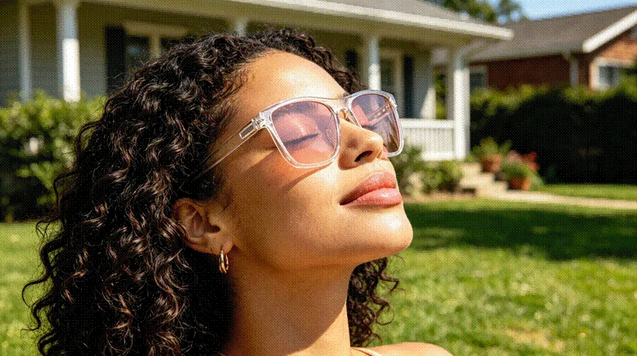 A woman with migraine comfortably soaking up the sun, wearing a pair of Rose Relief™️ Wayfarer Pink Migraine Glasses.