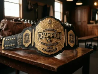 A detailed, close-up view of a premium full-size World Wrestling Champion replica belt resting on a rustic wooden table inside a locker room or gym setting.