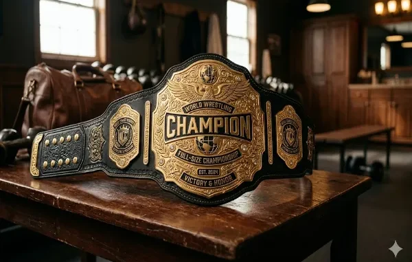 A detailed, close-up view of a premium full-size World Wrestling Champion replica belt resting on a rustic wooden table inside a locker room or gym setting.