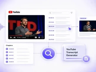 A conceptual digital interface illustration showing how a YouTube TED talk video is converted into a structured text transcript, video chapters, and AI-generated summaries for workplace productivity.