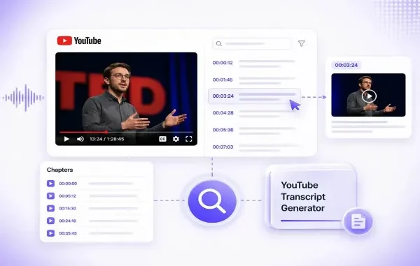 A conceptual digital interface illustration showing how a YouTube TED talk video is converted into a structured text transcript, video chapters, and AI-generated summaries for workplace productivity.
