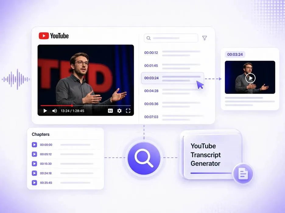An abstract digital interface illustrating a YouTube transcript generator. The graphic features a YouTube video player showing a TED Talk speaker, connected to a timestamped text transcript panel, a video chapters list, and a central magnifying glass search icon representing AI content summaries.