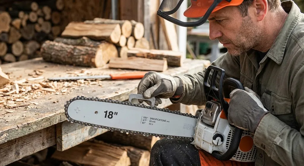 A man wearing safety gloves and a helmet checks the chain fitment on an 18-inch chainsaw guide bar, with logs stacked in the background.