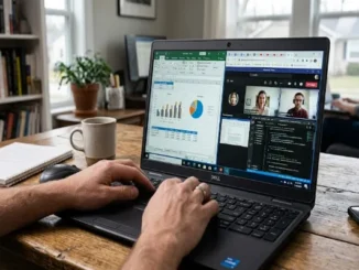 A person’s hands typing on a Dell laptop at a wooden desk in a bright home office, with the screen displaying a complex multitasking layout of Excel charts, a video conference with multiple participants, coding, and several open browser tabs.