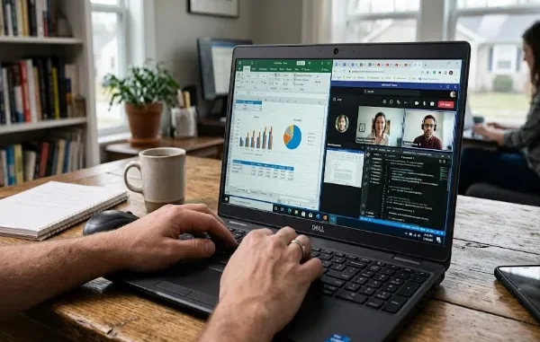 A person’s hands typing on a Dell laptop at a wooden desk in a bright home office, with the screen displaying a complex multitasking layout of Excel charts, a video conference with multiple participants, coding, and several open browser tabs.