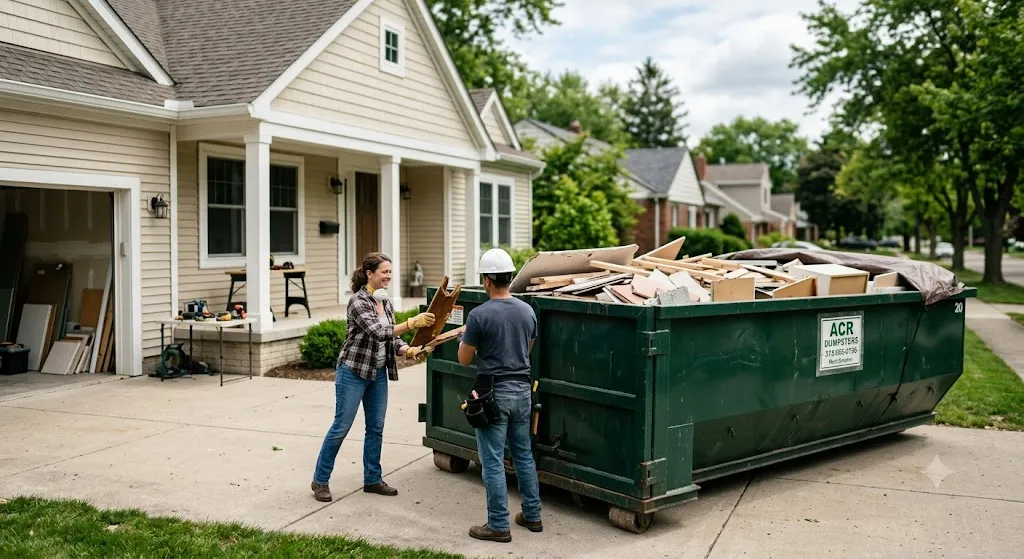 A homeowner and contractor loading renovation debris into a green ACR Dumpsters roll-off container parked on a residential driveway in Detroit during a home remodeling project.