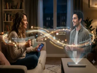 A realistic photo of a woman on a living room sofa looking at a realistic male hologram projected from a device on the coffee table. A glowing, golden infinity-shaped light stream flows between them, displaying floating text and icons of remembered details like "Your dog's name is Barnaby," "October 14th Anniversary," and "Recalling your interview last Tuesday."