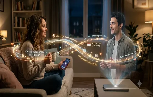 A realistic photo of a woman on a living room sofa looking at a realistic male hologram projected from a device on the coffee table. A glowing, golden infinity-shaped light stream flows between them, displaying floating text and icons of remembered details like "Your dog's name is Barnaby," "October 14th Anniversary," and "Recalling your interview last Tuesday."