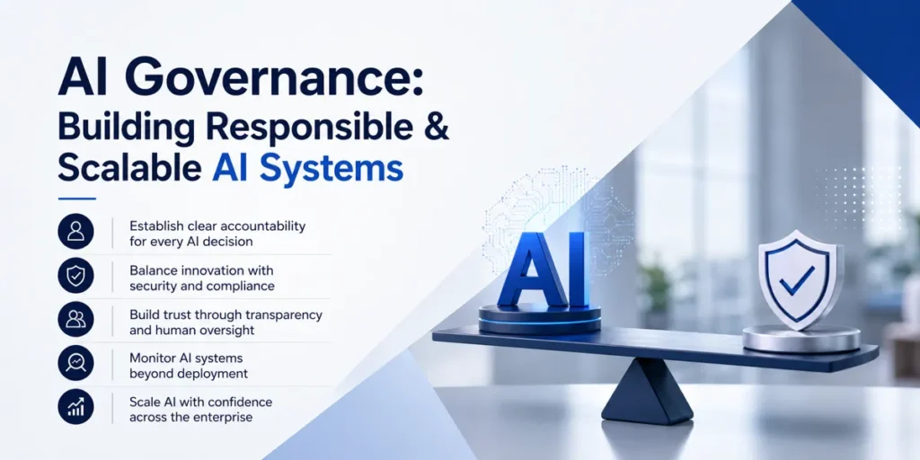 Banner for AI Governance showing a balanced seesaw with 3D AI text on one side and a checkmark shield on the other, alongside key points on accountability, security, transparency, and scaling AI.