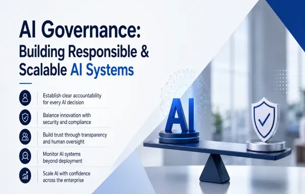 An infographic titled 'AI Governance: Building Responsible & Scalable AI Systems' showing key pillars like accountability, compliance, trust, monitoring, and scaling alongside a balanced scale graphic with 'AI' on one side and a shield on the other.