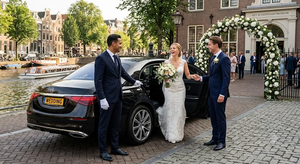 A happy bride holding a white floral bouquet steps out of a modern black Mercedes limousine with the help of her groom and a uniformed chauffeur. In the background, traditional Amsterdam architecture, a floral arch, and a canal with a boat are visible.
