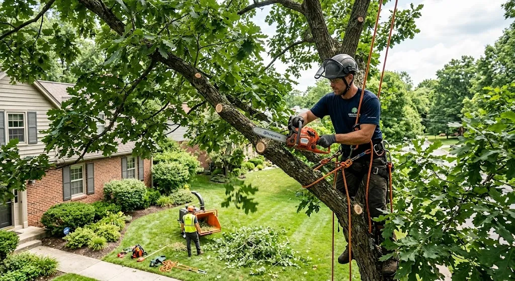 A high-angle photograph shows an arborist with safety gear and a harness perched high in a leafy tree. He is using an orange chainsaw to cut a branch near a residential area. On the ground below, another worker operates a wood chipper on a manicured green lawn near a house.