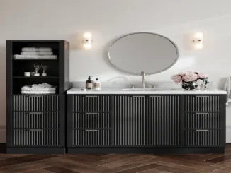 Modern matte black fluted ARIEL Bath vanity and matching linen cabinet with a white marble countertop in a moisture-resistant bathroom setup.