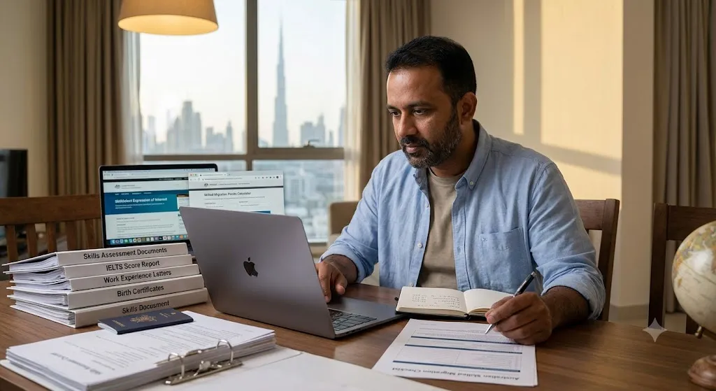A focused professional man sits at a wooden desk in an apartment, working on an Australian skilled migration visa application on his laptop. The desk holds organized stacks of paperwork, including skills assessment documents, an IELTS score report, and a checklist. In the background, a large window reveals the Dubai skyline with the Burj Khalifa at dusk.