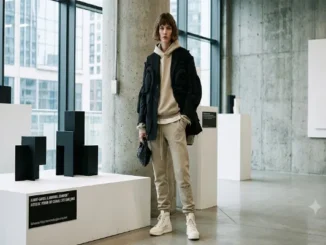 A person wearing a beige minimalist tracksuit under a structural, avant-garde black jacket in a contemporary art gallery.