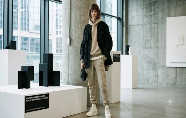 A person wearing a beige minimalist tracksuit under a structural, avant-garde black jacket in a contemporary art gallery.