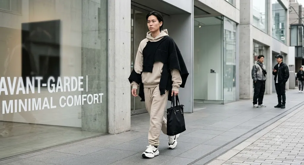A young person walks down a paved urban sidewalk, wearing a beige hoodie and matching sweatpants paired with an asymmetrical black cloak-like jacket. They are holding a black tote bag and sporting white and black sneakers. In the background is a glass window front with the white text, "AVANT-GARDE | MINIMAL COMFORT."