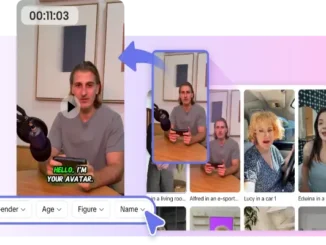 Interface of an online internet avatar creator showing options to customize gender, age, figure, and name alongside various AI-generated video avatars.