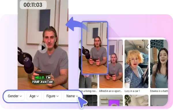 Interface of an online internet avatar creator showing options to customize gender, age, figure, and name alongside various AI-generated video avatars.