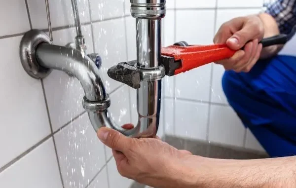 A plumber using a red pipe wrench to fix a spraying, leaking chrome p-trap under a sink.