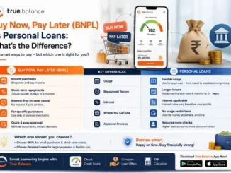 Infographic comparing Buy Now, Pay Later (BNPL) and Personal Loans across usage, repayment tenure, interest, usability, and approval process.