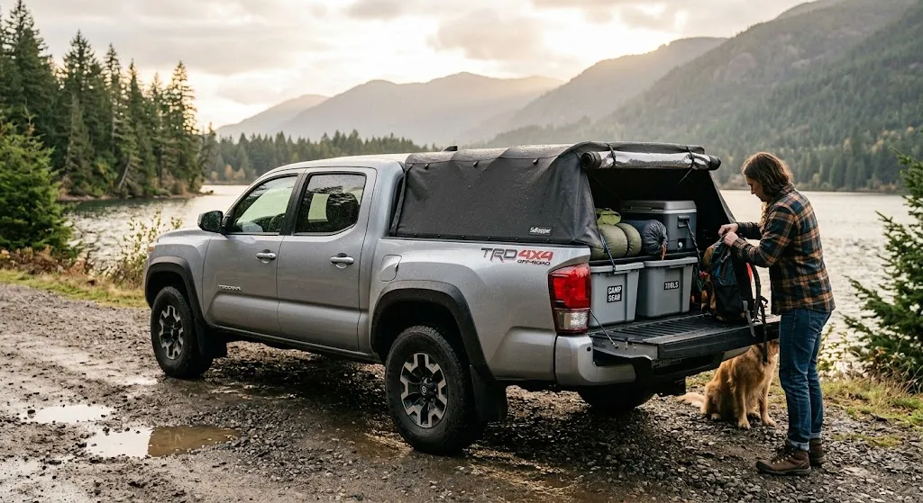 A silver Toyota Tacoma parked by a scenic lake with a black soft-top camper shell installed, featuring an open tailgate showcasing organized camping gear and storage bins.